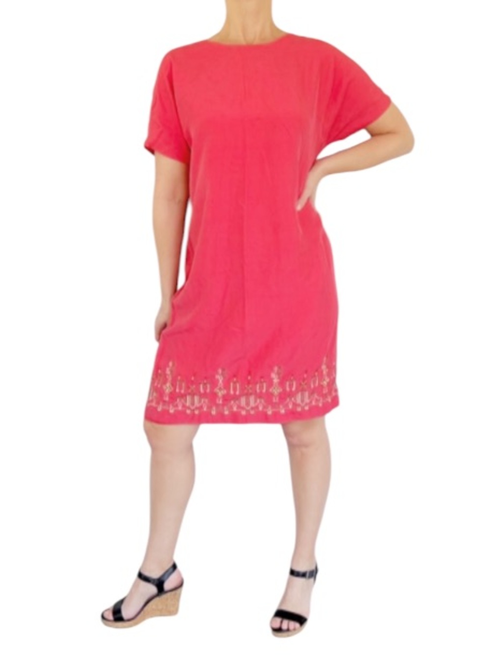 Vintage Adrianna Papell pink silk beaded trim short sleeve shift dress size 12